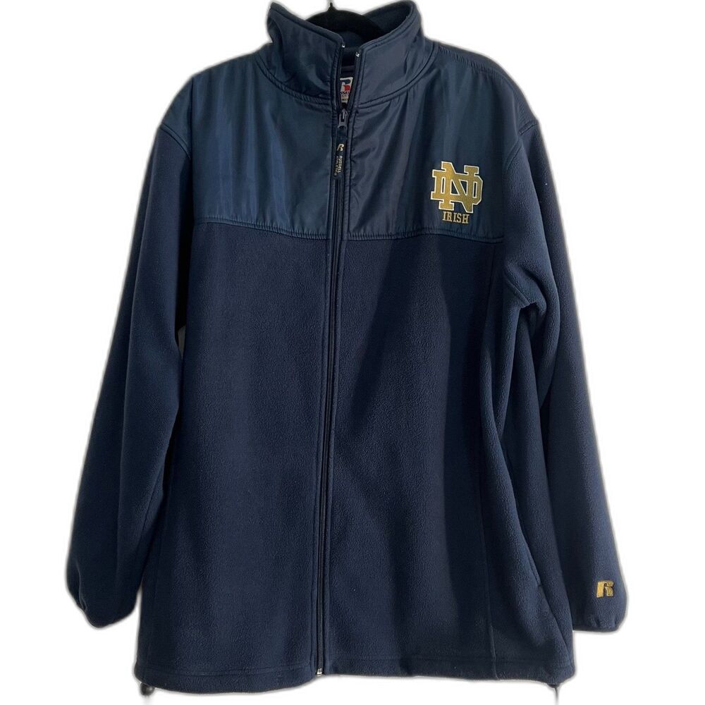 Vtg Russell Athletic Team Issue Notre Dame Fleece sz L Zip-Up embroidered pocket